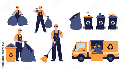 Team of sanitation workers in uniforms managing waste disposal using recycling bins, trash bags, and a specialized garbage collection truck.