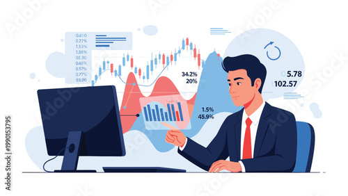 Financial professional sitting at a desk and analyzing complex stock market data charts and candlestick graphs on a large computer monitor.