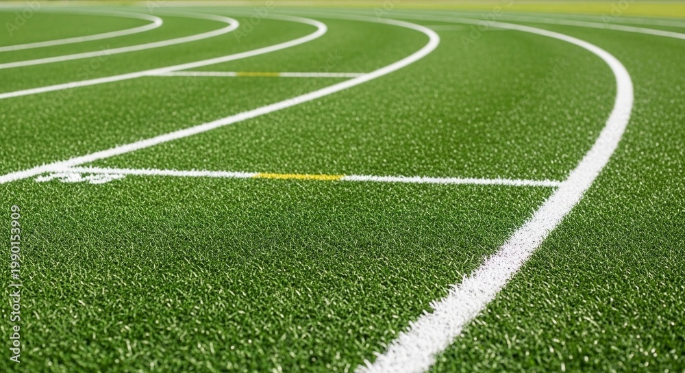 Obraz premium Athletic Track with White Lines on Green Turf