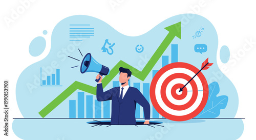 Powerful marketing message and target audience reach concept showing a businessman with a megaphone and rising growth charts.
