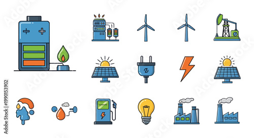 Renewable Energy and Power Icons Set: Battery, Wind Turbine, Solar Panel, Oil Pump, Light Bulb
