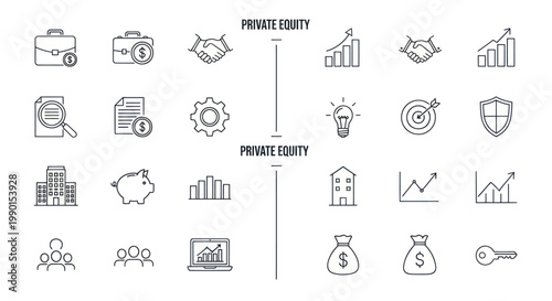 Private Equity Icons: Finance, Investment, Business Growth, Partnership, and Security