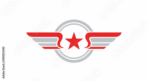 Winged star emblem with red and gray ribbon banner and circular halo logo design for aviation insignia