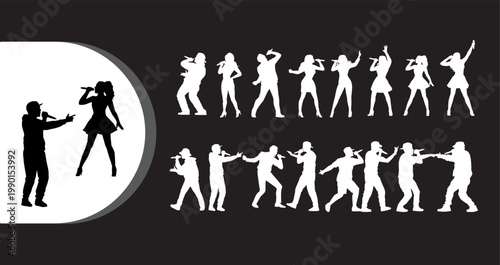 A group of people dancing and having fun in various poses and silhouettes