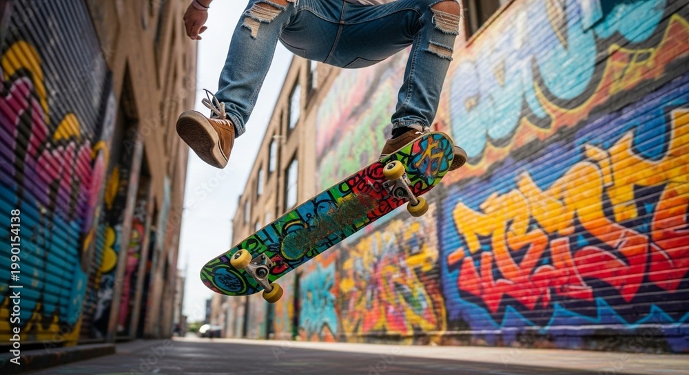 Obraz premium Skateboarder Performing Trick in Graffiti Alley