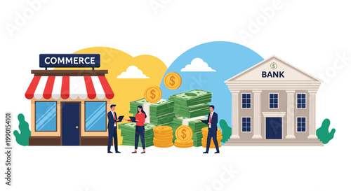 Commerce and financial banking integration concept showing a retail store and a bank building with people managing money.