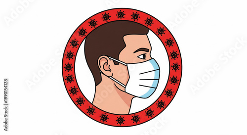 Mask icon with red coronavirus particles circle and shield symbol for medical protection concept illustration