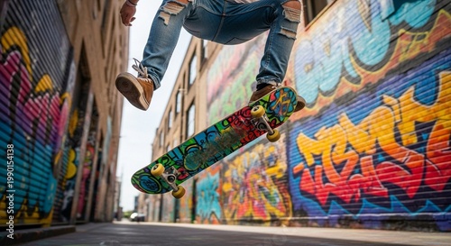 Skateboarder Performing Trick in Graffiti Alley