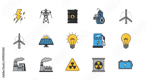 Energy Icons Set: Renewable, Fossil Fuels, Electricity Generation, and Storage