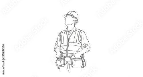 Construction worker wearing hard hat and tool belt looking up.