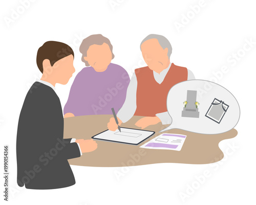 葬儀プランの契約をする高齢夫婦のシーン／終活・事前相談・意思決定・打ち合わせ