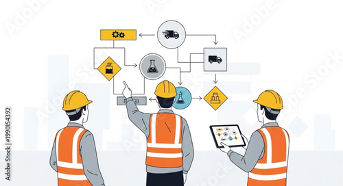 Construction workers collaborating on a project flowchart.