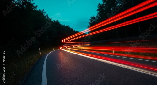 Speeding Car Light Trails on Winding Road at Night