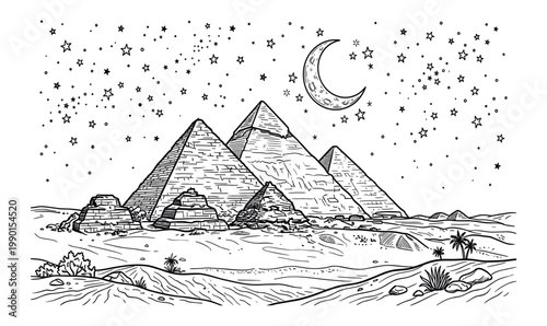 Egyptian pyramids at night with crescent moon and stars hand drawn illustration in desert.