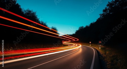 Car Light Trails on a Winding Road at Night