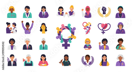 Diverse Women Empowerment Symbols: Portraits, Fist, Venus Signs, Wreath, Unity Circle