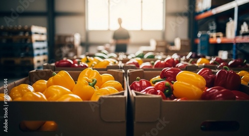 Fresh Bell Peppers in Cardboard Boxes at a Warehouse