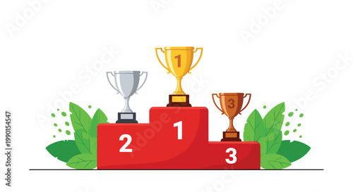 Winner podium and business competition success concept featuring gold, silver, and bronze trophies for top achievers.