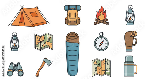 Camping Gear Icons Set: Tent, Backpack, Sleeping Bag, Compass, Axe, Lantern, Map, Binoculars