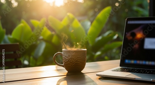 Warm Coffee Mug and Laptop on Table Outdoors Morning Sun