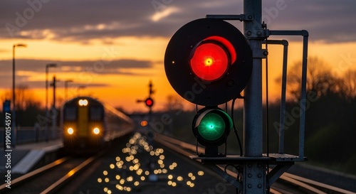 Train Signal at Sunset with Oncoming Train Headlights