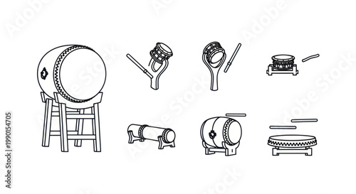 Collection of Japanese Taiko Drums and Bachi Drumsticks, Line Art Icons