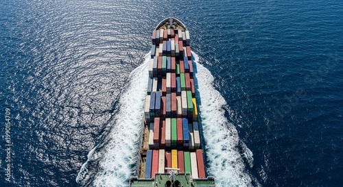 Container Ship Sailing on Blue Ocean with White Wakes
