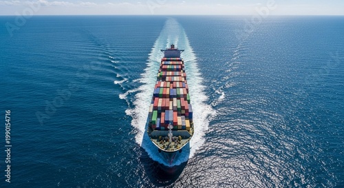 Container Ship Sailing Through Blue Ocean Water Aerial