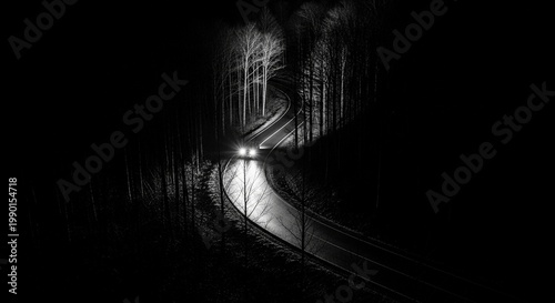 Car Headlights Illuminate Dark Forest Road at Night