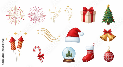 Christmas Holiday Icons Collection: Tree, Gifts, Snow Globe, Fireworks, Bells, Stocking, Candy Cane