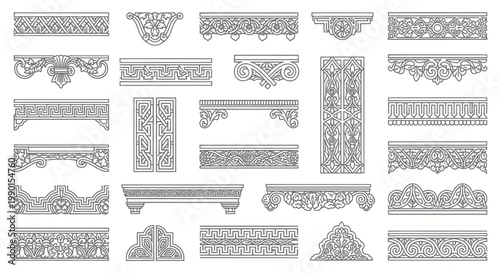 Collection of Architectural Decorative Elements, Ornate Borders, and Cornices