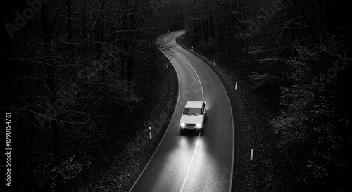 Car Headlights Illuminate a Dark Forest Road at Night