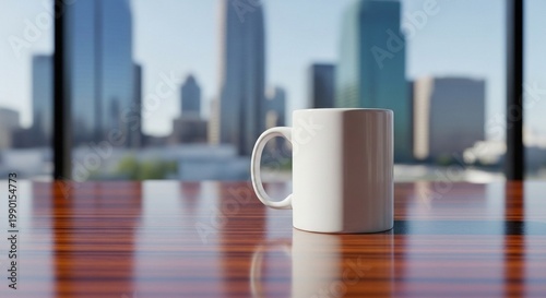 White Mug on a Wood Table with City Skyline Background