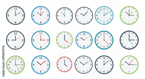 Collection of various analog wall clocks showing different times, isolated on white
