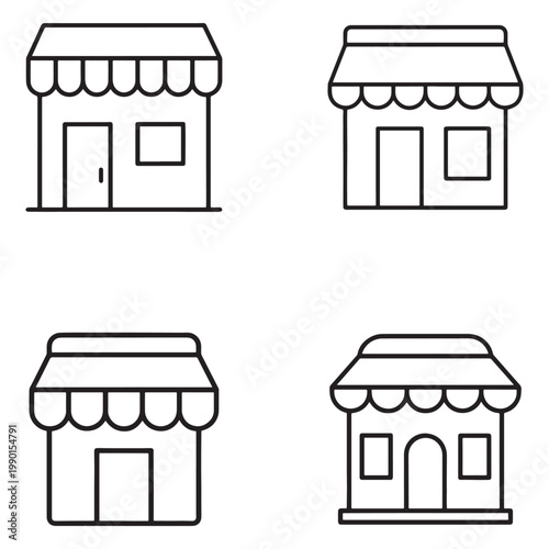 Four black line icons of small shops with awnings and various door and window configurations  simple illustrations of storefronts