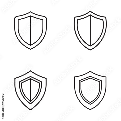Four black shield icons in different styles for protection and security concepts  various designs for safety and defense
