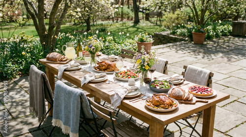 Spring outdoor food social gathering with roasted chicken salad bread and dessert on wooden table in garden setting