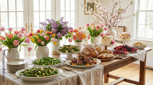 Spring food social gathering with fresh flowers and delicious dishes on wooden table in bright room creating warm inviting atmosphere