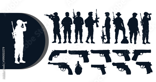A collection of black silhouettes depicting soldiers and various firearms on a white background