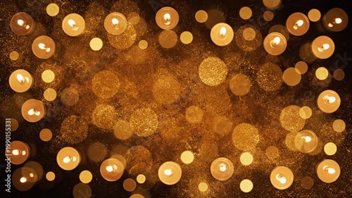 Warm glowing bokeh lights and golden glitter dust texture, festive abstract background for celebration and luxury events