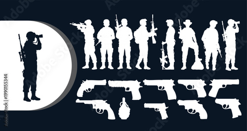 A collection of white silhouettes of soldiers and guns on a dark background