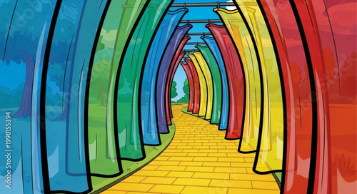 Colorful Rainbow Archway Leading to a Yellow Brick Road.