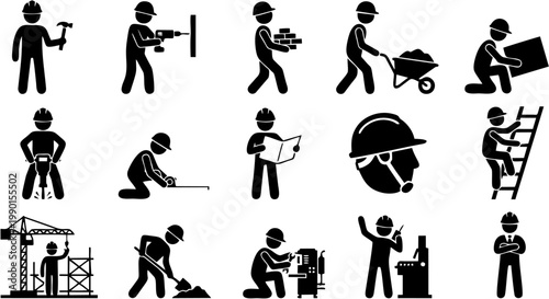 Construction Workers Silhouette Icon Set with Building and Industrial Equipment Activities