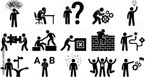 Problem Solving Silhouette Icon Set of Confused and Thinking People with Decision Making and Uncertainty Gestures