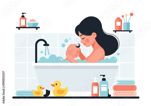 Mother Bathing Baby in Bathtub Illustration; Vector Art of Mom and Newborn Washing with Soap Bubbles and Rubber Ducks; Hygiene and Childcare Concept