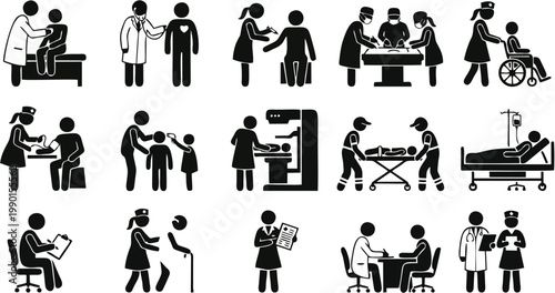 Medical Action Silhouette Icon Set of Healthcare Professionals and Emergency Treatment Activities