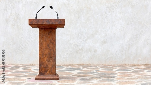 A wooden podium with dual microphones stands against a neutral textured wall and stone floor, ready for a public speech or presentation.