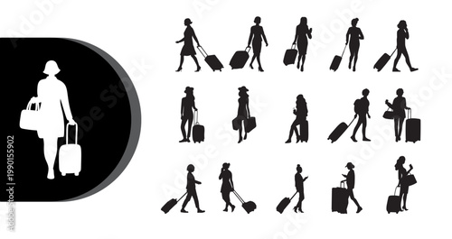 A collection of silhouetted travelers walking with luggage on a white background