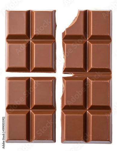 A chocolate bar broken into pieces on white background