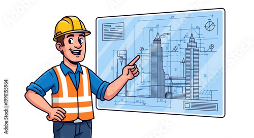 Construction worker pointing at building blueprint plans.